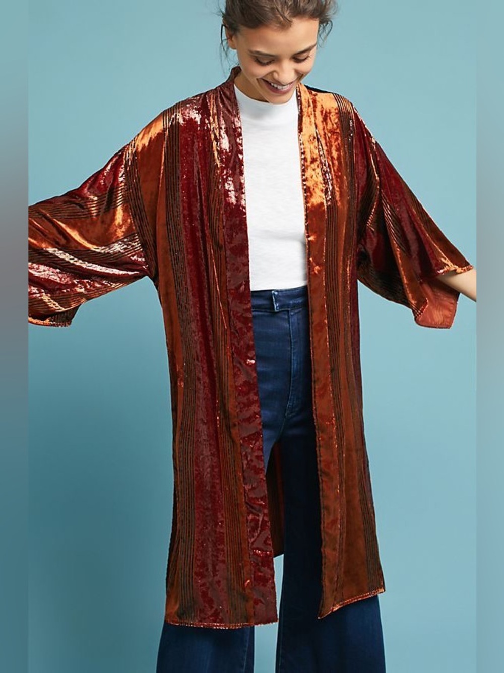 Anthropologie Striped Velvet Kimono Duster in Copper